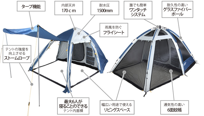 2ルームワンタッチテントの主な特徴