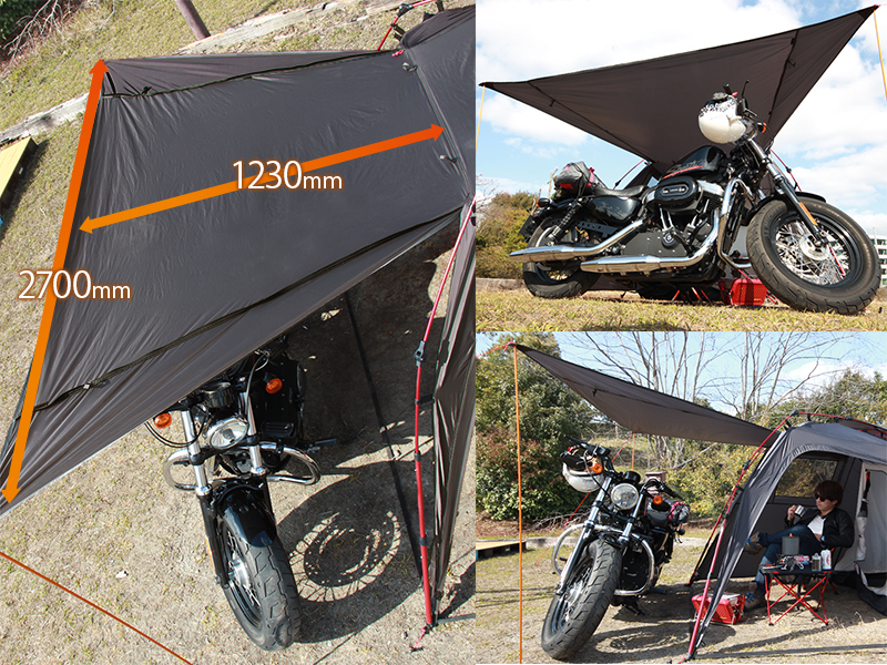 ライダーズバイクインテントの各部の特徴(バイクが収まる大型キャノピー)