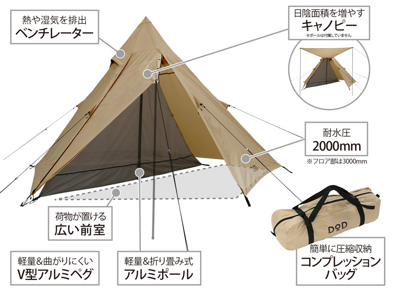 ライダーズワンポールテント（タン） T1-442-TN - DOD（ディーオー ...