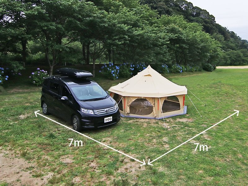  タケノコテントミニのメインの特徴（7×7mの区画サイトに収まる設営面積）