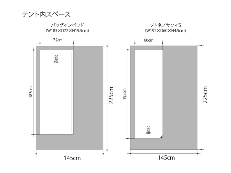 ライダーズワンタッチテント寝室サイズ（ベッド・マット設置）イメージ画像