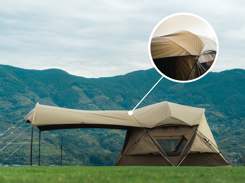  ガシーンタープのメインの特徴（雨の侵入を防ぐシールド一体形状）