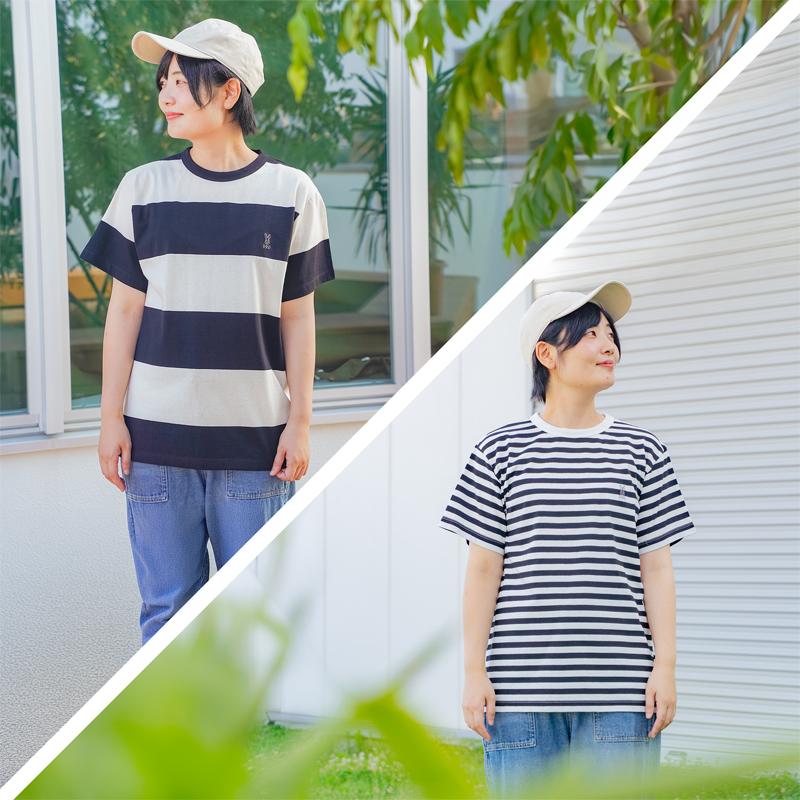  ウサロゴTEE（M/L/XL）の特徴（スタイルで選べる、細ピッチ/太ピッチ2種類のボーダー）